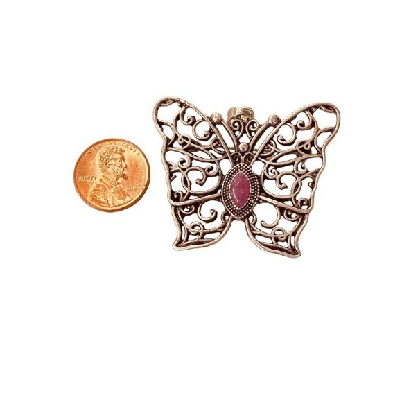 Silvertone Butterfly Pendant Brooch Purple Jewel 1.5" Filigree Style - Picture 10 of 14